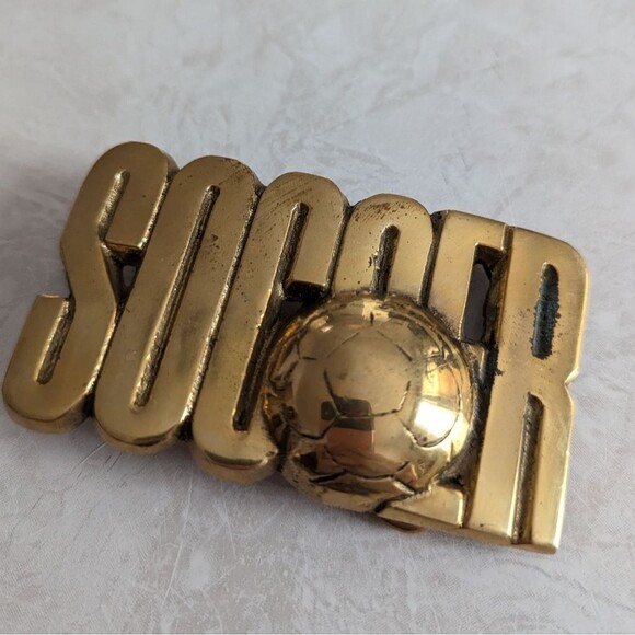 Vintage 1970s Brass Soccer Belt Buckle by Baron Buckle - Picture 2 of 6